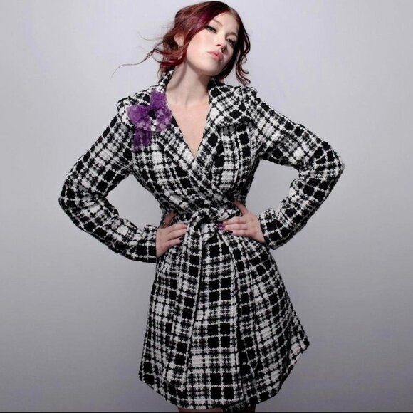 Tweed Gingham Houndstooth Checkered Peacoat Trench Coat Blazer Belt Jou Jou - Picture 2 of 2